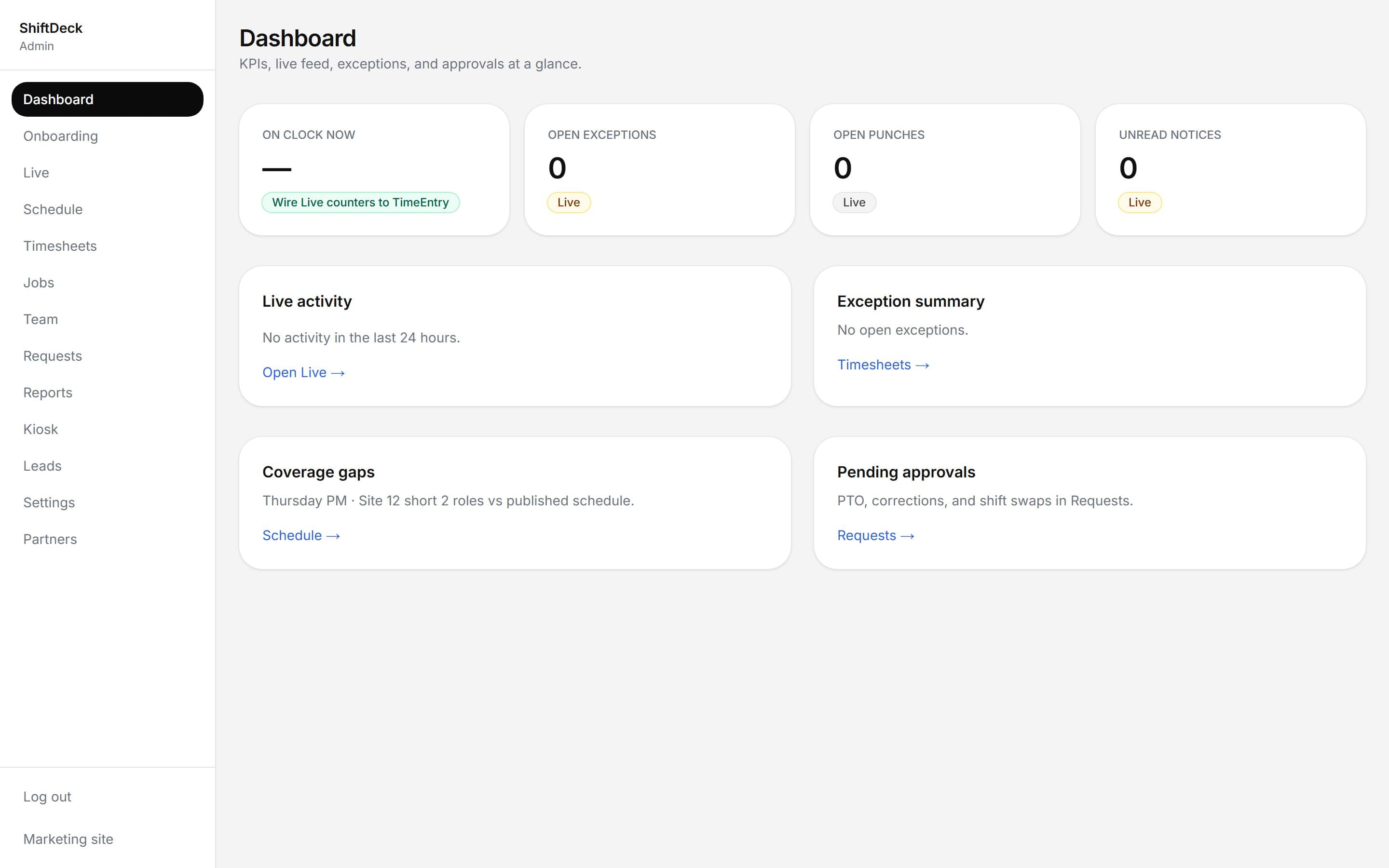 Admin dashboard in a web browser