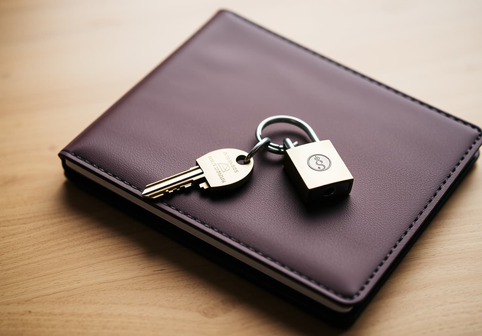 Locked padlock resting on a notebook next to a laptop