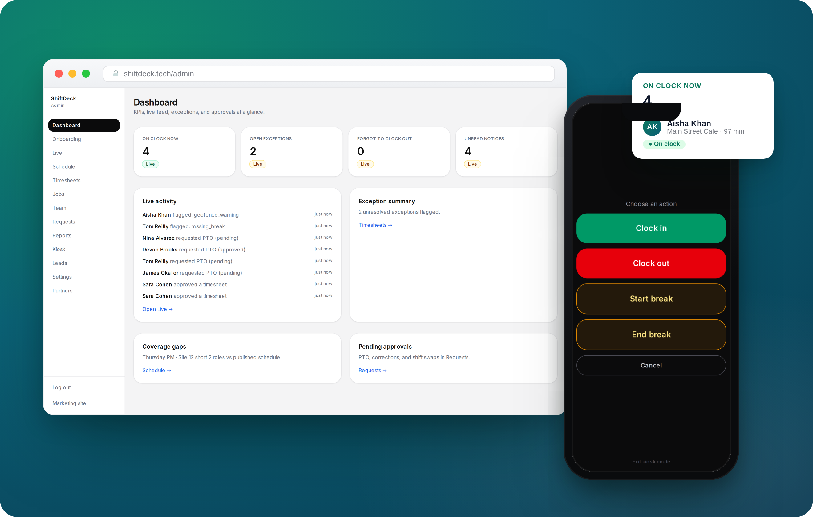 ShiftDeck admin dashboard in a browser and the live crew board on a phone